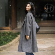 Phiên bản Hàn Quốc của áo khoác len hai mặt nữ cao cấp dài 2018 mới mùa đông áo len kẻ sọc cổ điển - Áo Hàn Quốc