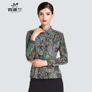 Xiang Mulan mẹ mùa xuân áo sơ mi trung niên của phụ nữ đáy áo phụ nữ trung niên của thời trang in dài tay áo sơ mi