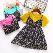 Quần áo trẻ em mùa hè 2018 cô gái mới ăn mặc trẻ em Hàn Quốc giả hai mảnh váy hoa bé ngắn tay váy