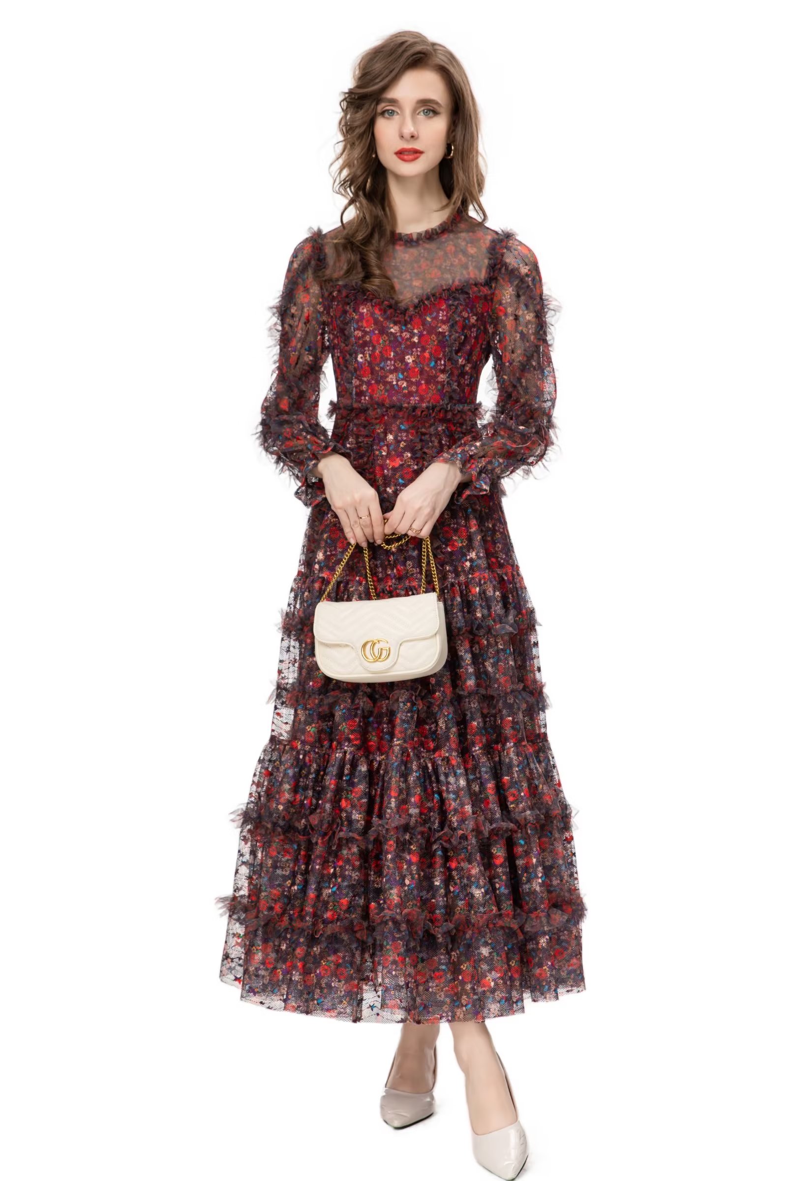 Dress Tutu Dress 2023 Autumn Women's Vintage Round Neck Perspective Long Sleeve Mesh Floral Layers Fungus Dress