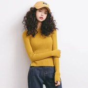 2018 mùa thu mới cotton dệt kim đáy áo sơ mi nữ mỏng phần dọc mỏng tự canh co giãn áo len dài tay