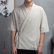 春夏中国风棉麻短袖男中袖复古唐装中式潮流汉服大码茶服佛系禅服
