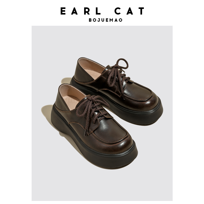 Earl Cat Small Leather Shoes Women's 2023 New Autumn and Winter Fleece-lined Shoes Academy Style Thick Sole Shoes Genuine Leather Loafers Women