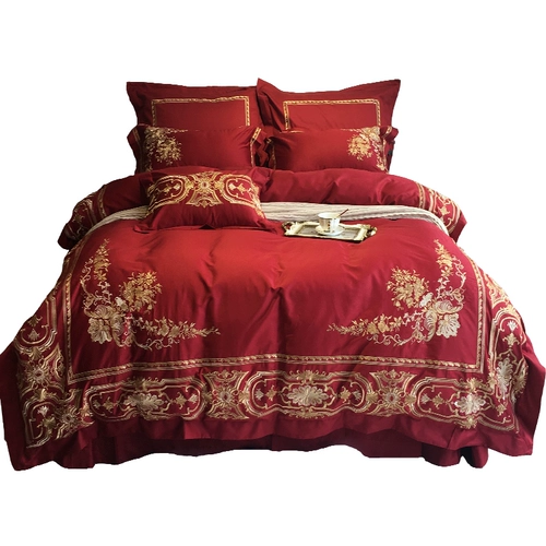 Хлопковый комплект, красный пододеяльник, простыня, покрывало, европейский стиль, с вышивкой, постельные принадлежности, 4 предмета