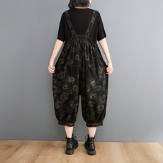 Джинсы женские 复古做旧印花减龄牛仔背带裤女秋2024新款大码胖mm灯笼连体裤显瘦