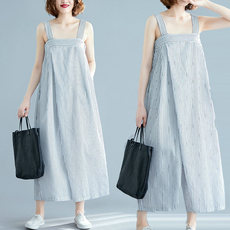 Одежда Больших размеров 春夏秋新款文艺宽松休闲条纹大码露背连体裤九分阔腿吊带背带裤子 OTHER