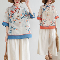 Одежда Больших размеров 大码胖妹妹洋气减龄七分袖印花衬衫女夏季复古盘扣立领衬衣潮