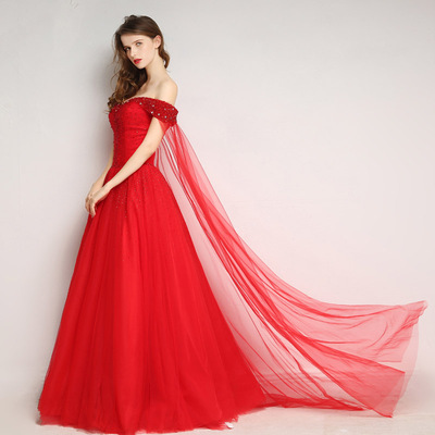 一字肩飘纱拖尾红色婚纱礼服新款2017春季新娘显瘦长款奢华韩式女