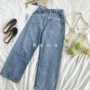 RENA đề nghị mùa thu siêu đơn giản retro cũ rửa màu xanh cao eo là mỏng cao bồi hoang dã quần chân rộng quần phụ nữ quần jean nữ 2021