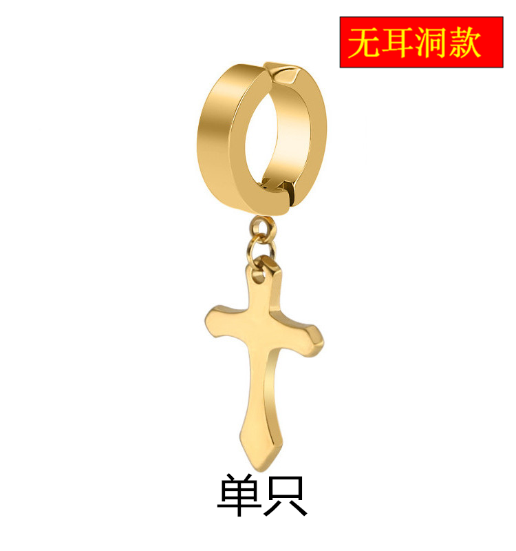 Cross Gold Single Earlessthe republic of korea Trendy man Single Ear Studs female Hip hop Ear clip No ear hole Titanium steel fashion Anti allergy Cold wind Earrings free shipping