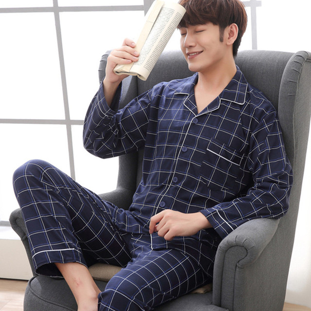 睡衣男士春秋季纯棉长袖家居服全棉秋冬季冬款薄款加大码爸爸套装