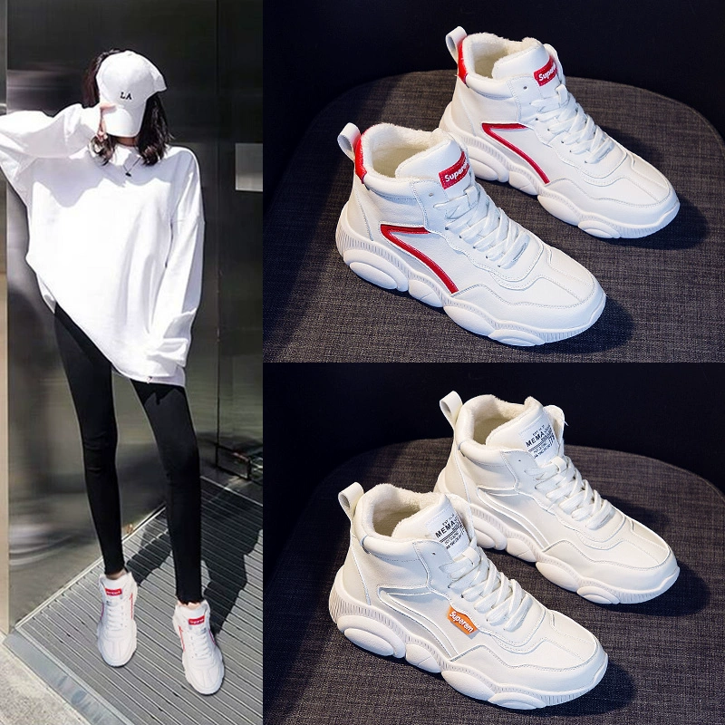 Giày lưới màu đỏ cộng với nhung cao cấp nữ 2020 phiên bản mới của Hàn Quốc của gấu mùa đông gấu nhỏ màu trắng giày cotton thể thao giầy bố - Giày cao gót