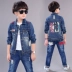 Bộ đồ bé trai denim đẹp trai mùa thu 2019 Quần áo trẻ em mới 12 trẻ em lớn hơn 15 tuổi Trẻ em mùa xuân và mùa thu quần áo thủy triều - Phù hợp với trẻ em