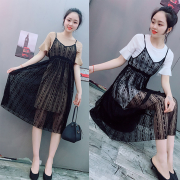 套装喇叭袖连衣裙蕾丝吊带裙两件套 套装喇叭袖连衣裙蕾丝吊带裙两件套