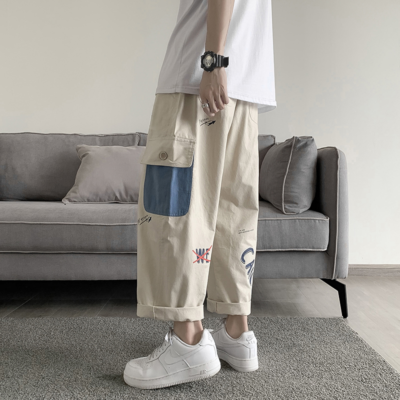 Large pocket overalls men's nine point casual pants fashion brand ins port style straight tube loose and handsome 9-point wide leg pants