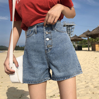 Phiên bản Hàn Quốc của sinh viên hoang dã eo cao đơn ngực cuộn tròn denim quần short chân nữ sinh viên mùa xuân mới quần nóng thủy triều