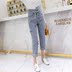 2018 thu đông mới Hàn Quốc giản dị quần jeans lưng cao nữ thời trang cà vạt mỏng lỗ chín quần thủy triều quan bo nu Quần jean