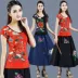 Mùa thu mới phong cách quốc gia của phụ nữ áo thêu dài tay t-shirt nữ phong cách Trung Quốc thêu kích thước lớn in ấn đáy áo áo phông cao cấp Áo phông