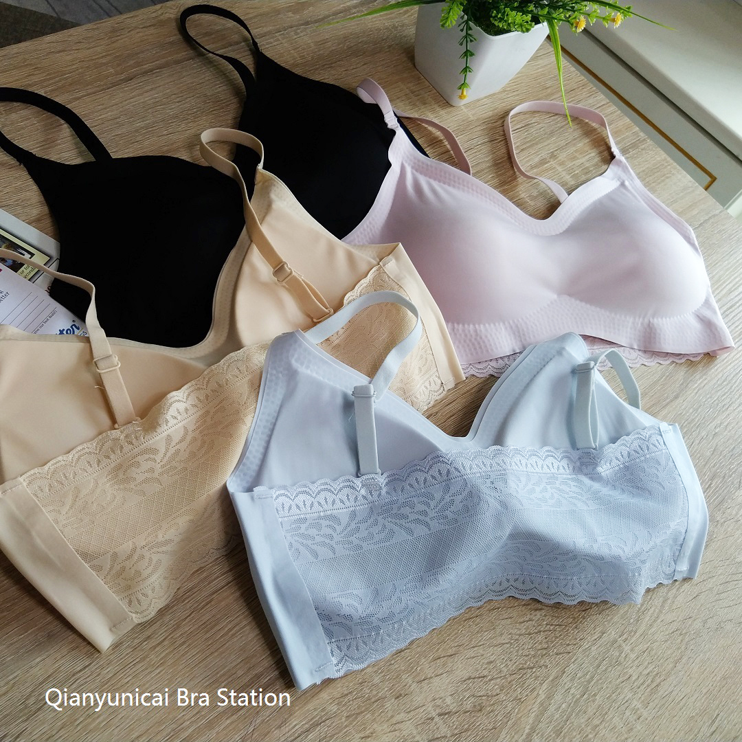 เสื้อชั้นในผ้าไหมน้ำแข็งลายลูกไม้สไตล์ญี่ปุ่น ระบายความร้อน เบาบาง ไม่มีตะขอ 日本无痕冰丝降温内衣女蕾丝美背运动薄聚拢打底吊带无钢圈文胸罩 เสื้อชั้นในผ้าไหมน้ำแข็งลายลูกไม้สไตล์ญี่ปุ่น ระบายความร้อน เบาบาง ไม่มีตะขอ