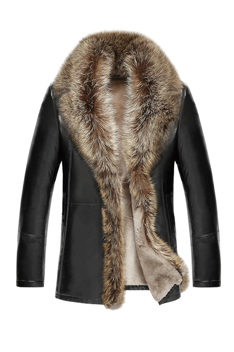 Mens Leather fur Collar куртка коричневая