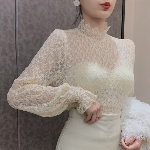 Women's autumn and winter temperament mesh with sweater hollow out super fairy top women's high-end foreign style small shirt