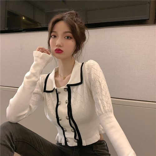 2021 spring new gentle wind short long sleeve T-shirt women's fashion Korean trumpet sleeve double breasted sweater