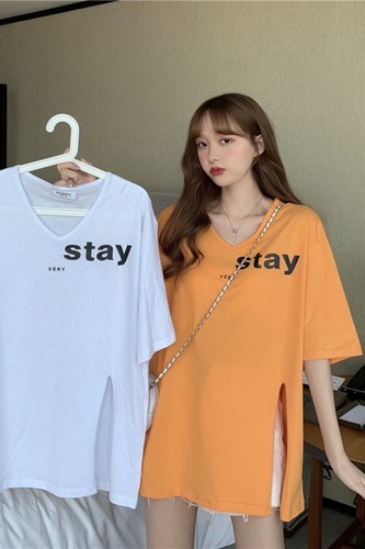 Korean loose lazy style fashion design sense split short sleeve T-shirt women's summer fashion V-neck letter casual top