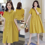 Trang phục bà bầu mùa hè 2019 mới ngắn tay áo sơ mi ngắn tay phiên bản Hàn Quốc của bộ đồ cho con bú mùa hè đầm liền thân màu - Áo thai sản
