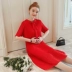 Đầm bà bầu mùa hè màu đỏ xếp li Đầm voan phiên bản Hàn Quốc của váy liền màu thời trang nơ cổ búp bê - Áo thai sản đồ bộ bầu đẹp Áo thai sản