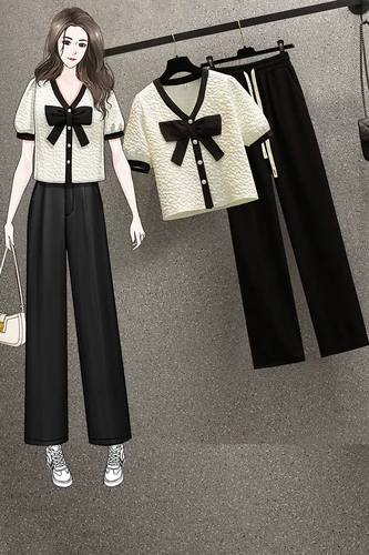 Летняя рубашка с бантиком, штаны, комплект, большой размер, коллекция 2022, подходит для полных девушек, короткий рукав, эластичная талия