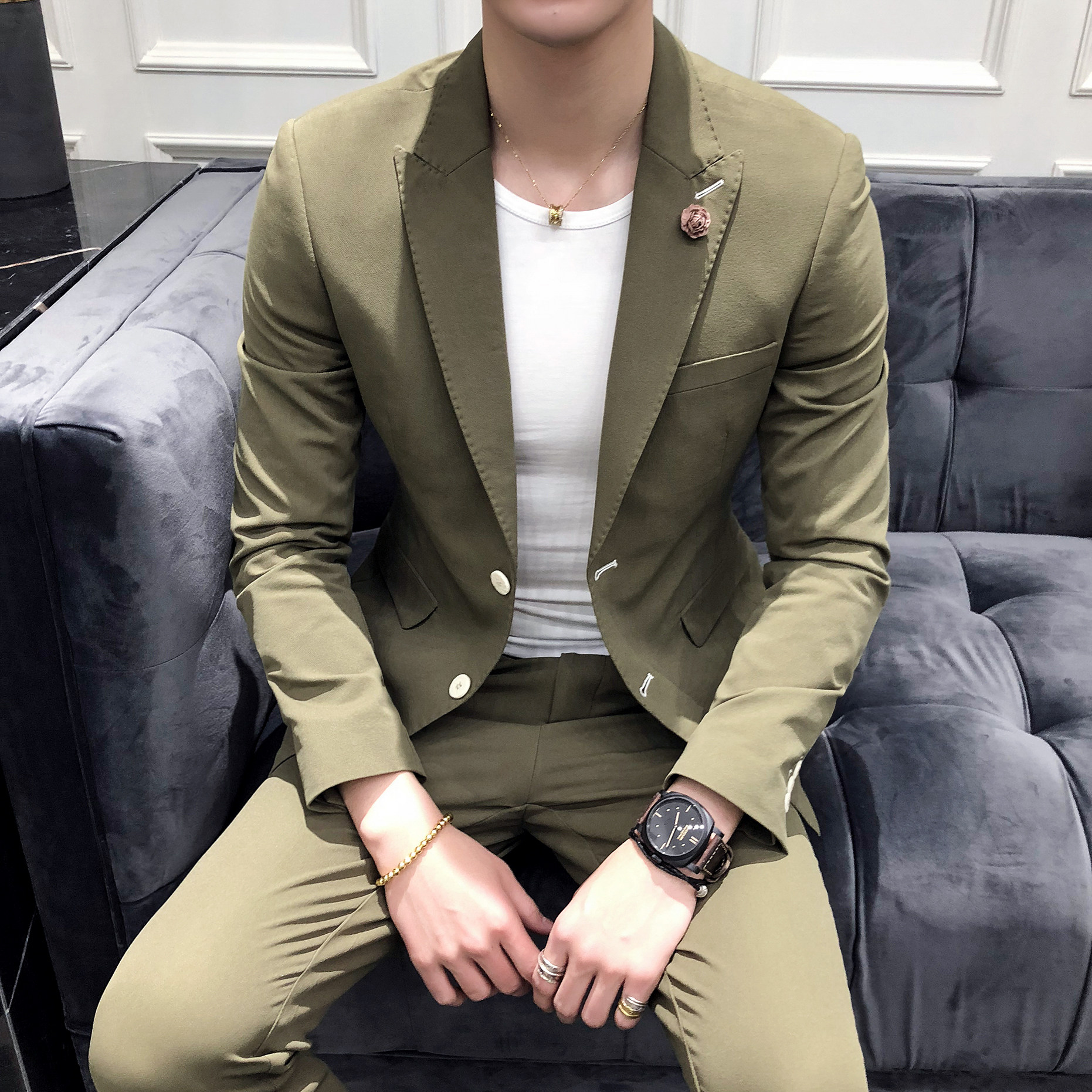 春季新款糖果色西服套装男士一粒扣西装两件套修身韩版tz906-p215