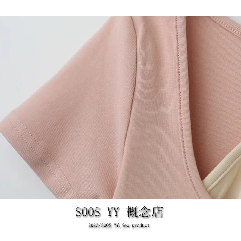 SOOS YY Лето Лето новая BM чистая короткая беззабная машина фальшивый топ-блок арочнообразной формы арочнообразной короткий рукав футболки