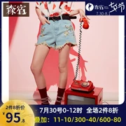 Sensu 2019 hè mới màu sáng lỗ nhỏ thêu hoa nhỏ quần short denim cec quần dài cạp quần nữ - Quần jean