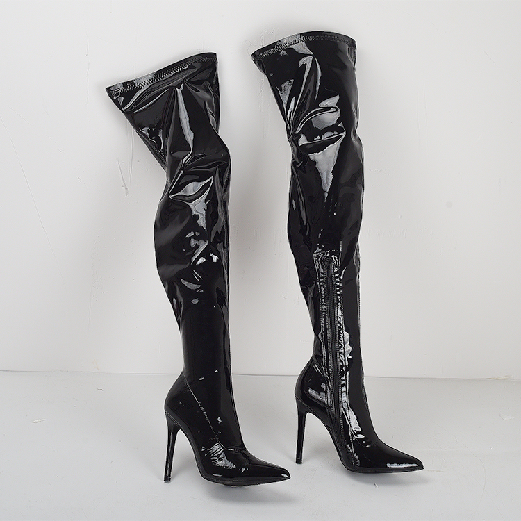 American Original Large Size Candy Color Model Super High Heel Fine Heel Pointed Patent Leather Fine Heel Stretch High Knee Boots