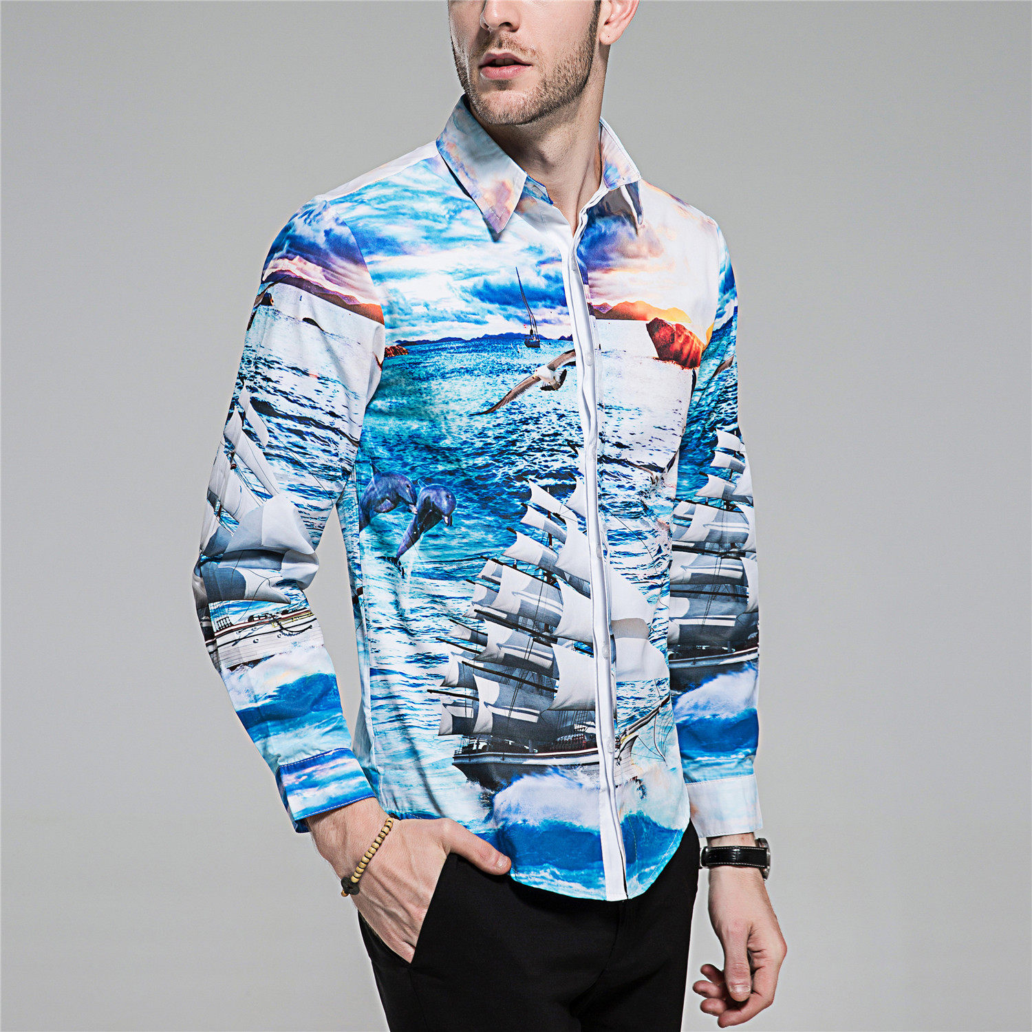 外贸新款 男士修身长袖衬衫 海上帆船数码印花衬衫 dc301 p45