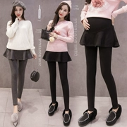 Bà bầu mang quần mùa thu đông cộng với quần legging nhung dày thời trang mẹ bầu nâng bụng váy hoa sen Slim giả hai mảnh quần ấm