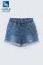 Màu nâu vàng chính hãng đàn hồi eo quần short denim nữ 18 mùa hè bông đàn hồi lỗ giản dị mỏng Hàn Quốc phiên bản của kích thước lớn chất béo mm Quần jean