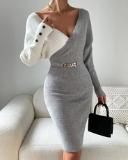 Женское платье colorblock button long sleeve