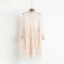 Mùa thu đông Hàn Quốc khí chất khâu váy lưới eo cao váy xù cổ áo xếp li váy dài giữa Váy eo cao