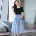Shen Yidu mùa hè 2021 mới của phụ nữ mùa hè váy dài trung niên ngắn tay khâu váy váy 011 - Váy dài