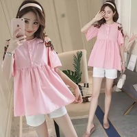 Phụ nữ mang thai t-shirt mùa hè Hàn Quốc ngắn tay cotton và linen dễ thương màu hồng phụ nữ mang thai búp bê thời trang áo ngắn hai mảnh đầm bầu dự tiệc cao cấp