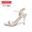 Word khóa màu nude sandal cao gót cao gót nữ 2019 hè mới lưới đỏ với hở ngón đen 5cm mã nhỏ