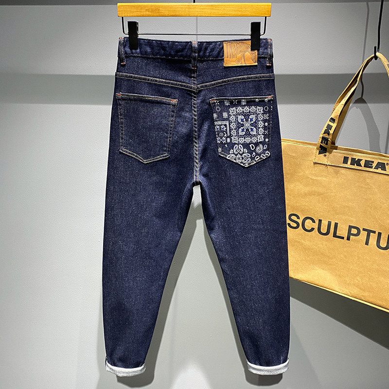 High-end natural-color printed jeans for men, 2022 autumn new Korean style, versatile, elastic, casual and slimming skinny pants details Picture