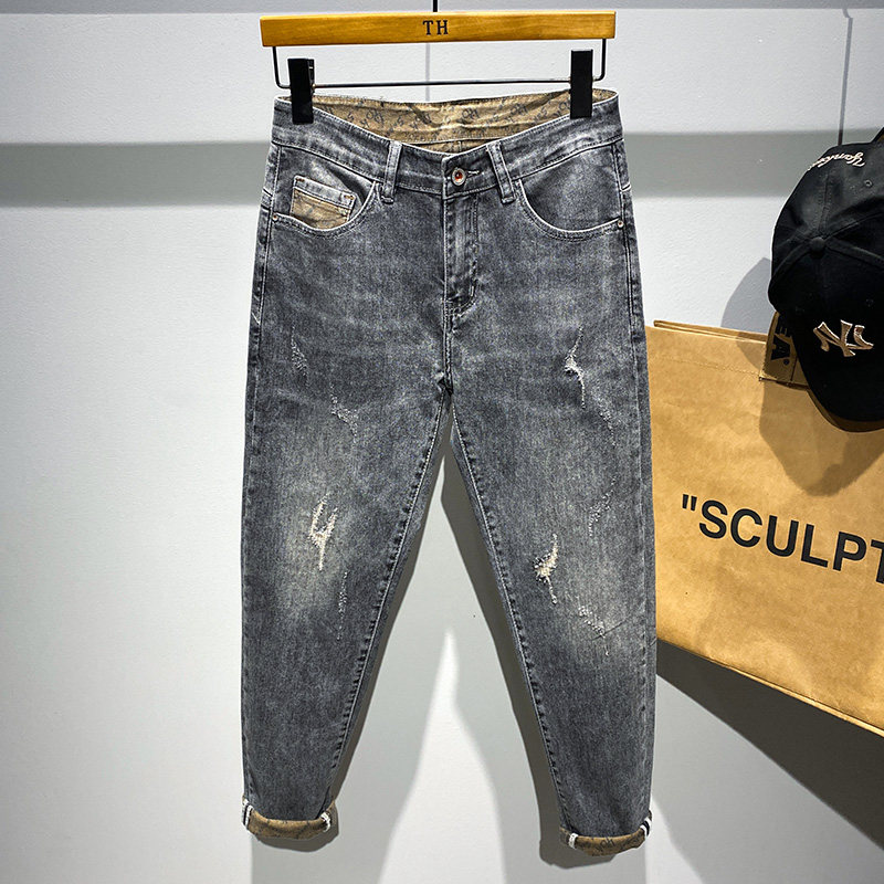 The inner printed autumn new retro grey denim nine-inch pants, men's trendy brand stretch slightly loose Halon skinny pants