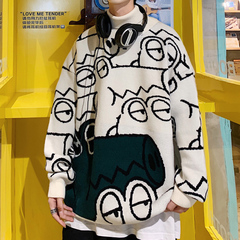 冬季ins卡通塗鴉高領毛衣男寬鬆胖子情侶針織衫韓版潮流線衣