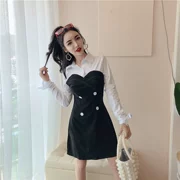 Mùa thu váy 2018 mới thời trang Hàn Quốc tính khí áo váy khâu giả hai dài tay áo đôi ngực đầm