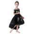 Đầm trẻ em một bên vai công chúa váy cô gái lông đen chủ nhà biểu diễn catwalk