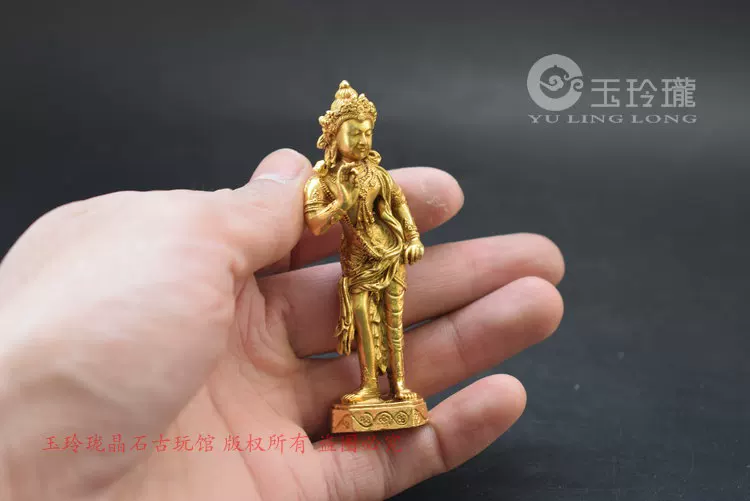 [黄铜鎏金绿度母小摆件尼泊尔袖珍藏佛小铜佛古玩铜器铜手把]
