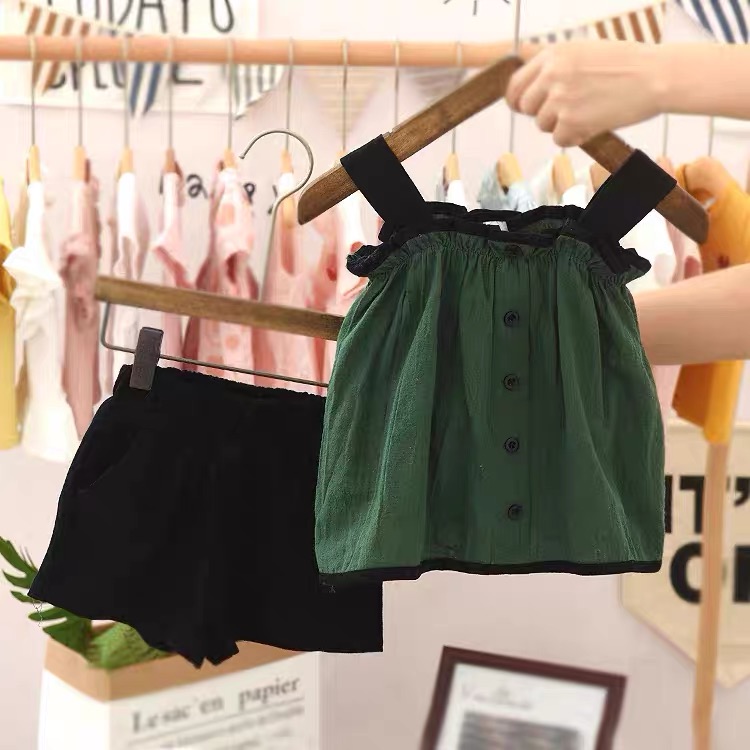 GreenChildren's wear 2021 summer new pattern children lattice suit girl baby Foreign style wing Halter tops shorts Two piece set