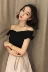 2018 mới hoang dã Hồng Kông hương vị retro chic thời trang Hàn Quốc nhỏ bay tay áo len bị rò rỉ vai rắn màu áo thun top